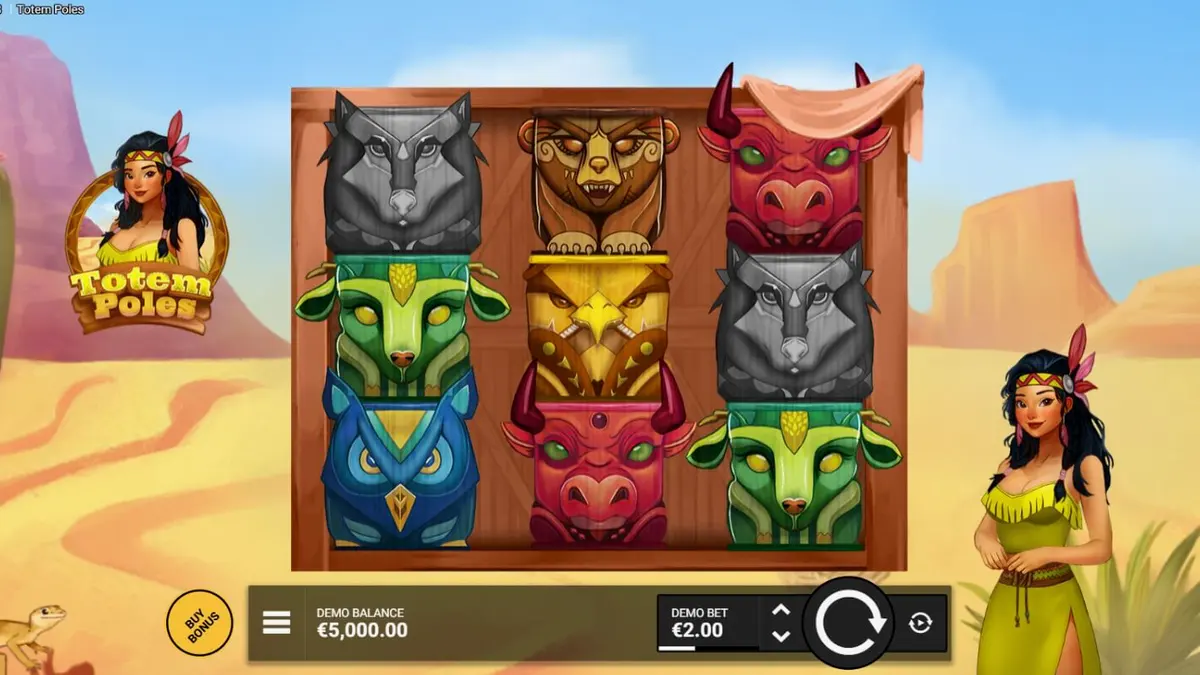 Tampilan visual slot Totem Poles dengan simbol hewan roh dan latar belakang hutan