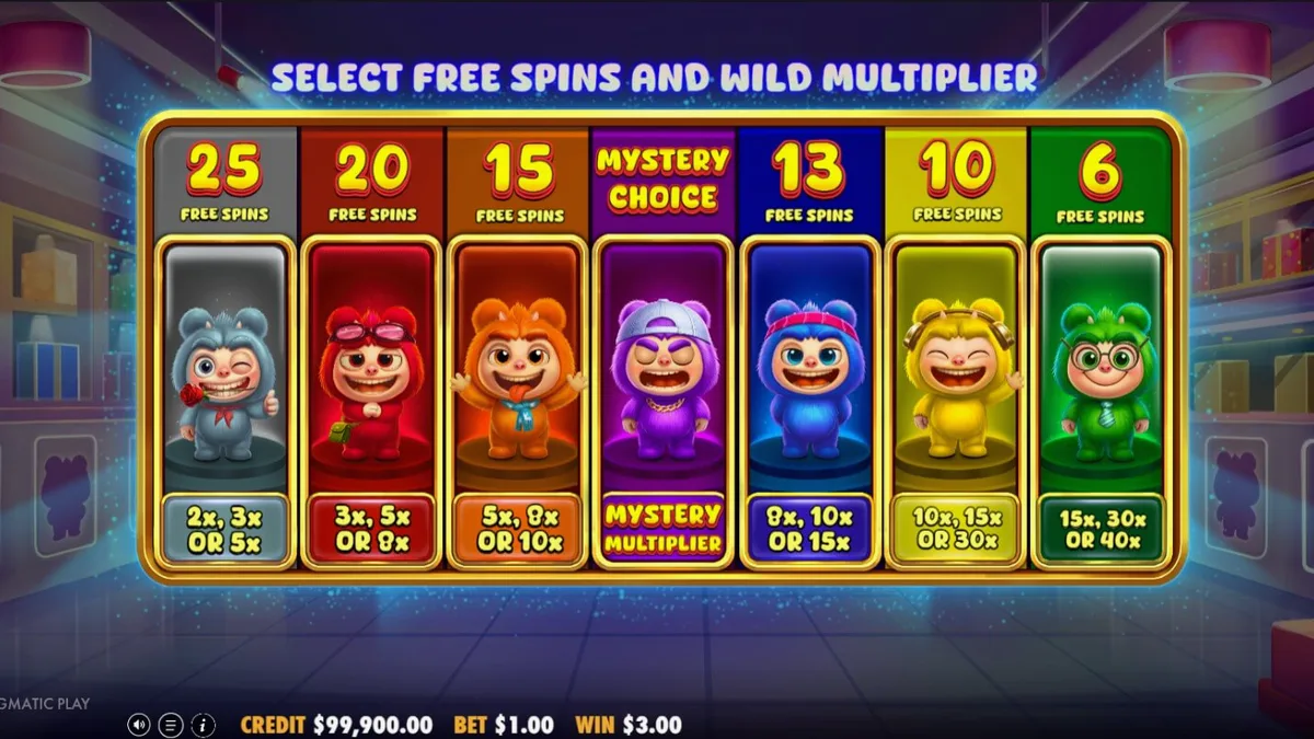 Tampilan visual slot Furry Bonanza Megaways dengan karakter beruang lucu dan latar hutan mistis.