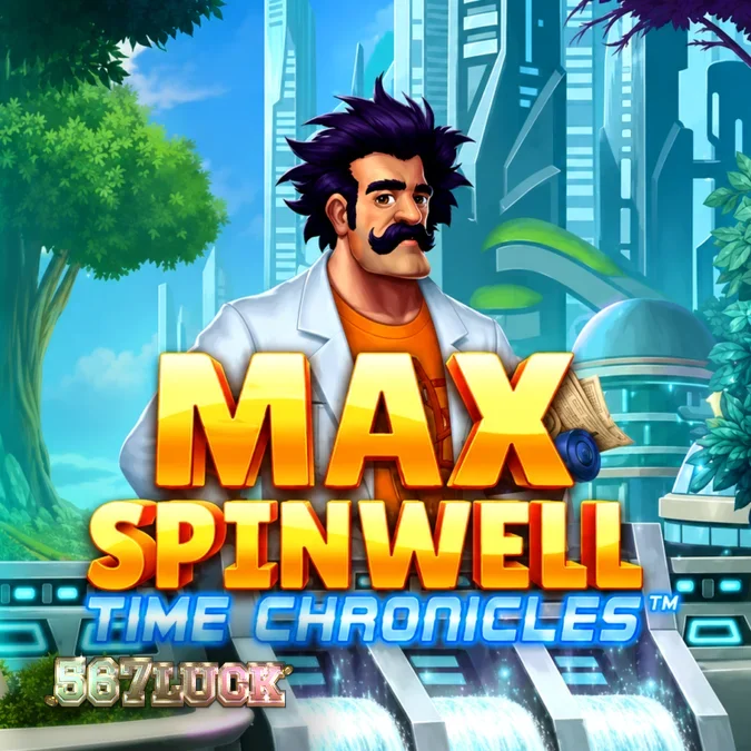 Tinjauan gameplay Max Spinwell: Time Chronicles, menampilkan gulungan dan simbol bertema perjalanan waktu.